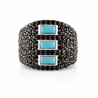 Sterling Silver Baguette Sleeping Beauty Turq & Black Spinel Pave Wide Band Ring