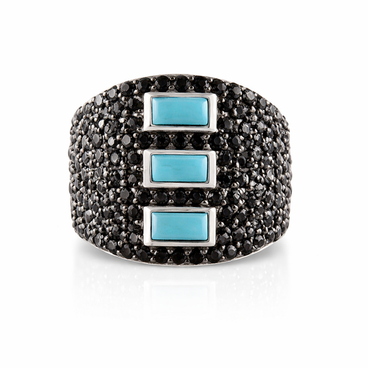 Sterling Silver Baguette Sleeping Beauty Turq & Black Spinel Pave Wide Band Ring