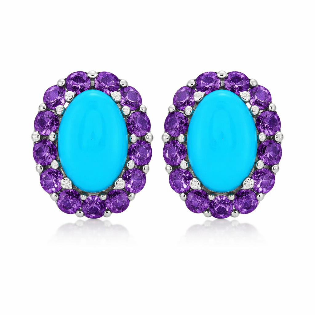 Sterling Silver 6x4mm Sleeping Beauty Turq & Gemstone Halo Stud Earrings