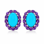 Sterling Silver 6x4mm Sleeping Beauty Turq & Gemstone Halo Stud Earrings
