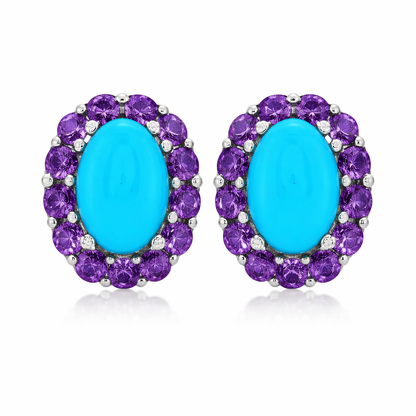 Sterling Silver 6x4mm Sleeping Beauty Turq & Gemstone Halo Stud Earrings