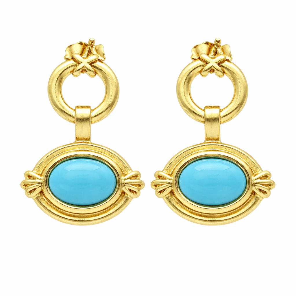 Sterling Silver 8x6mm Oval Sleeping Beauty Turq East-West Hoop Drop Earrings