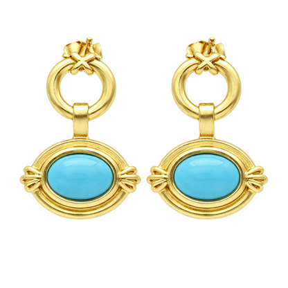 Sterling Silver 8x6mm Oval Sleeping Beauty Turq East-West Hoop Drop Earrings