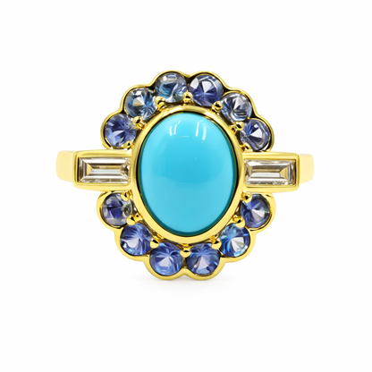 Sterling Silver 9x7mm Sleeping Beauty Turq & Ceylon Sapphire Halo Ring