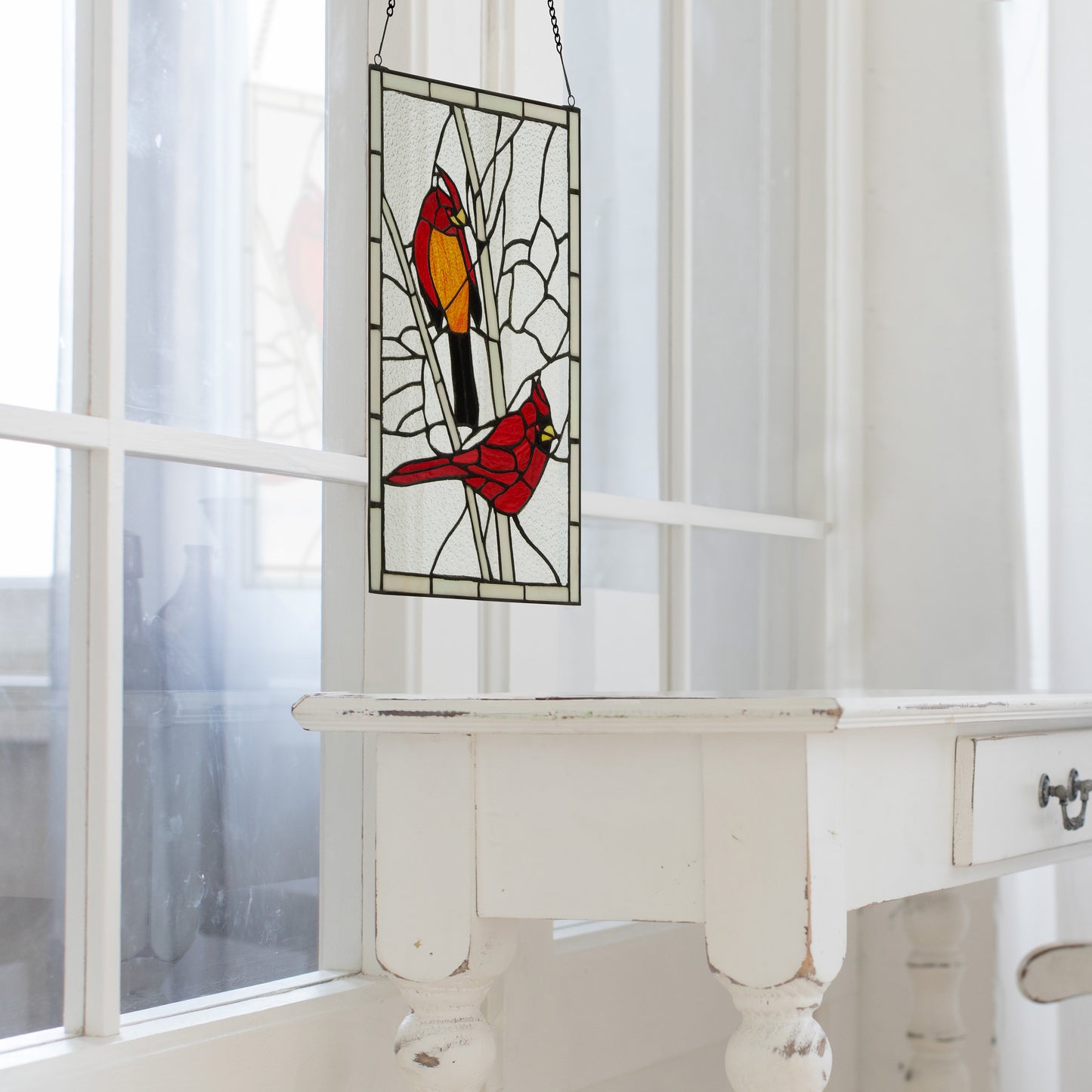 Tiffany-Style Lighting 18.5" Northern Cardinal Songbird Stained Glass Window Panel