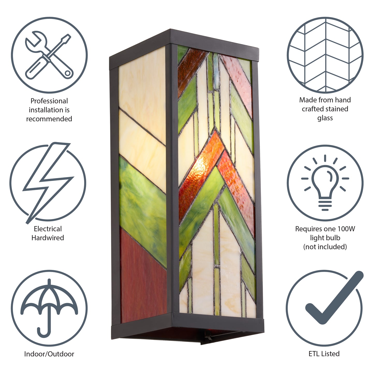 Tiffany-Style Lighting Green Stained Glass and Black Satin Rectangular 1-Light Outdoor Wall Sconce