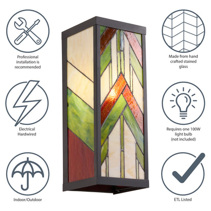 Tiffany-Style Lighting Green Stained Glass and Black Satin Rectangular 1-Light Outdoor Wall Sconce