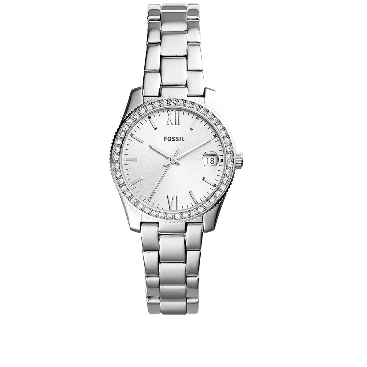 Fossil Women's Scarlette 32mm Quartz Date Crystal Bezel Silvertone Bracelet Watch