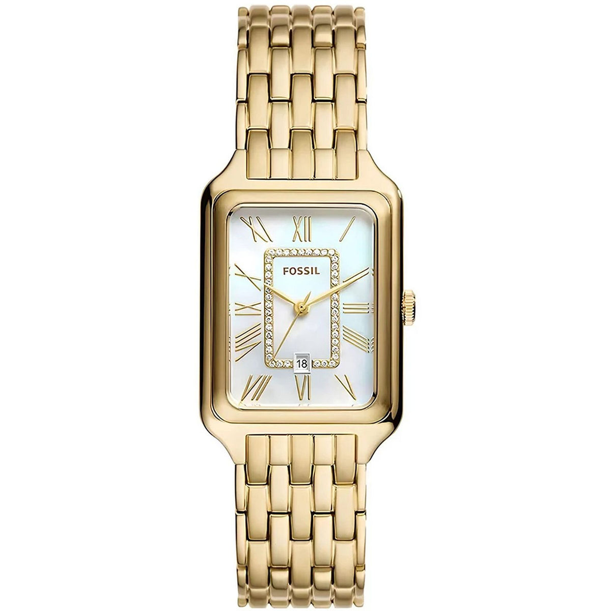 Fossil Women's Raquel 26mm Quartz Date Crystal Accented Rectangle Bracelet Watch