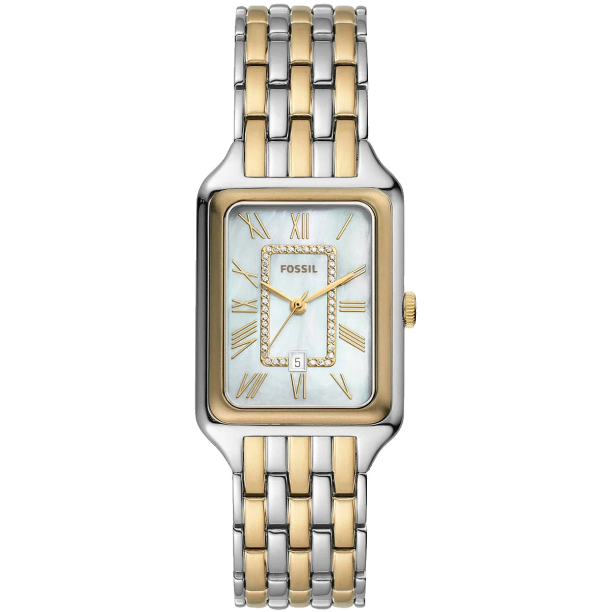 Fossil Women's Raquel 26mm Quartz Date Crystal Accented Rectangle Bracelet Watch