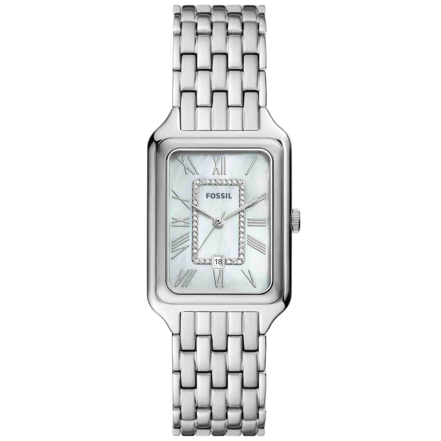 Fossil Women's Raquel 26mm Quartz Date Crystal Accented Rectangle Bracelet Watch