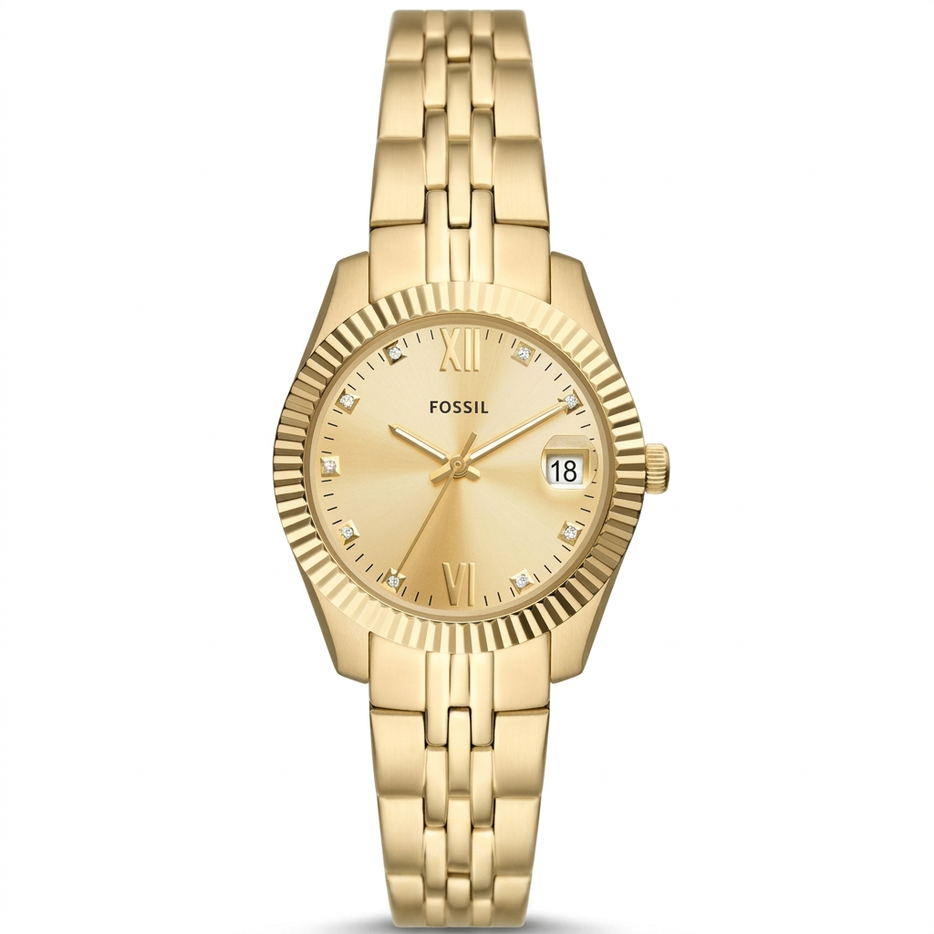 Fossil Women's Scarlette 32mm Quartz Date Crystal Accent Fluted Bezel Bracelet Watch