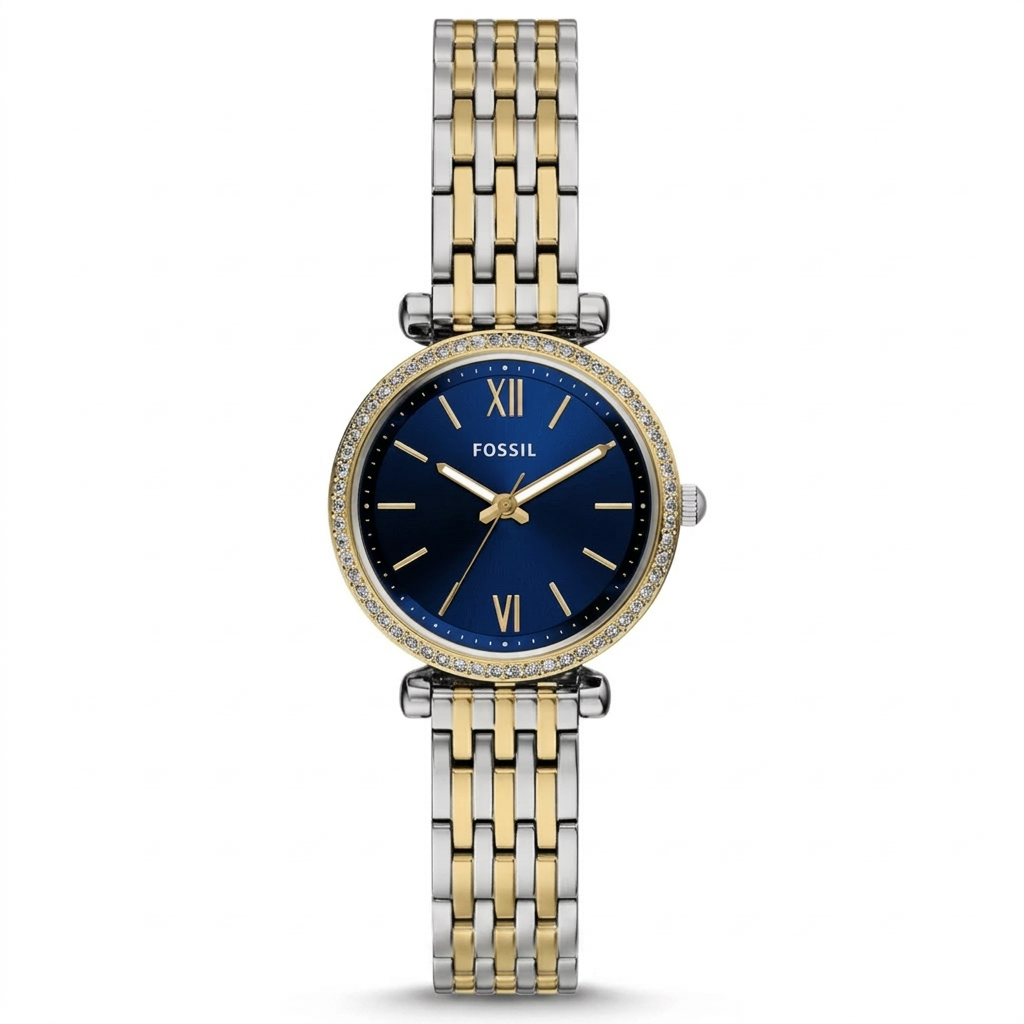 Fossil Women's Carlie 28mm Quartz Jewel Tone Crystal Bezel Two-Tone Bracelet Watch