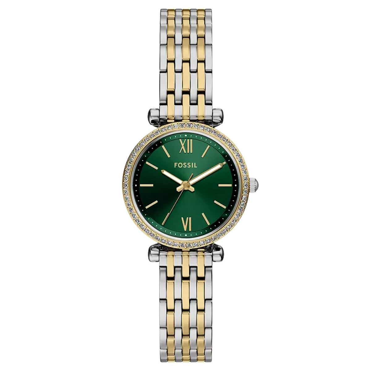 Fossil Women's Carlie 28mm Quartz Jewel Tone Crystal Bezel Two-Tone Bracelet Watch