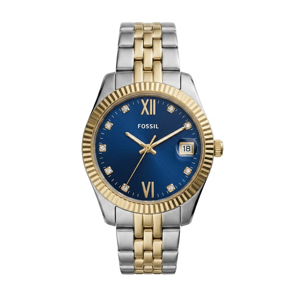 Fossil Women's Scarlette 32mm Quartz Blue Dial Crystal Fluted Bezel Bracelet Watch