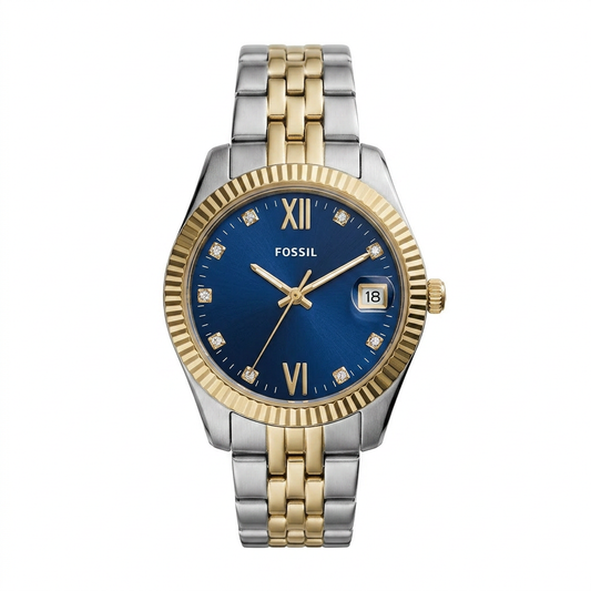 Fossil Women's Scarlette 32mm Quartz Blue Dial Crystal Fluted Bezel Bracelet Watch