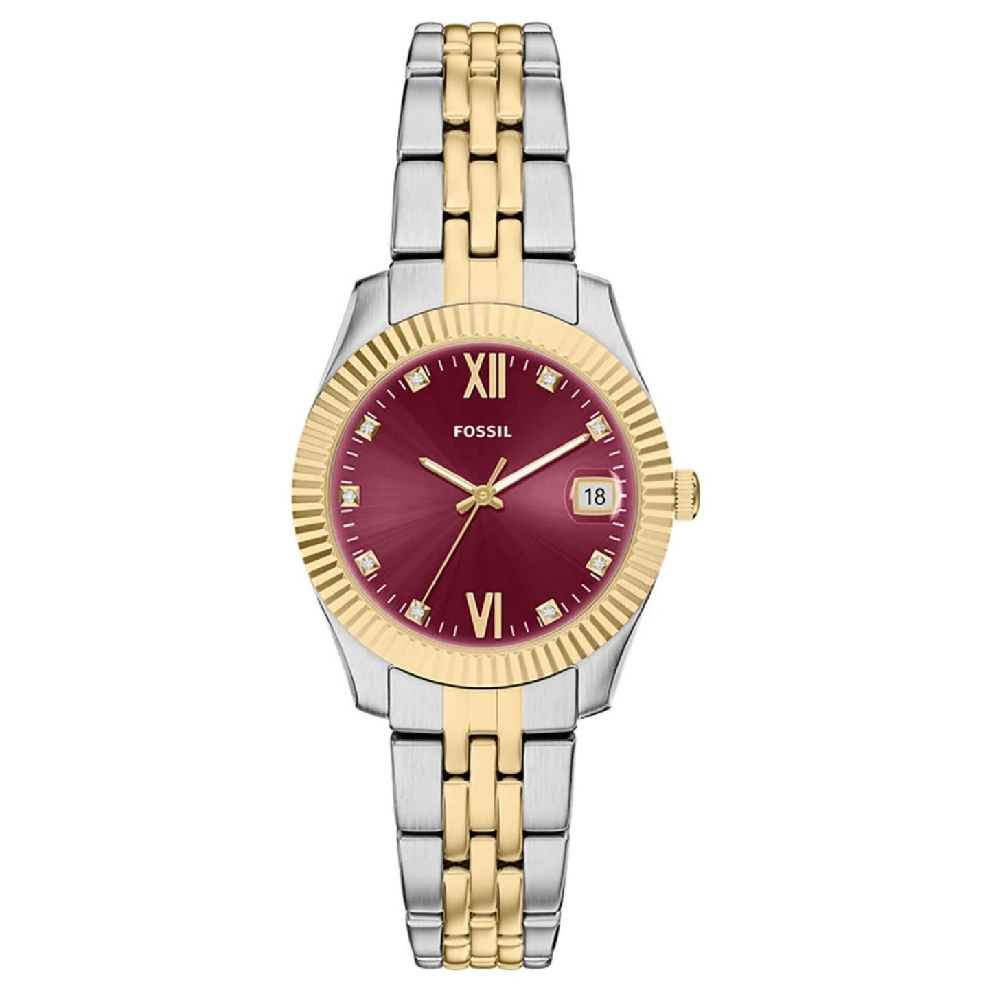 Fossil Women's Scarlette 32mm Quartz Date Red Dial Fluted Bezel Two-Tone Bracelet Watch