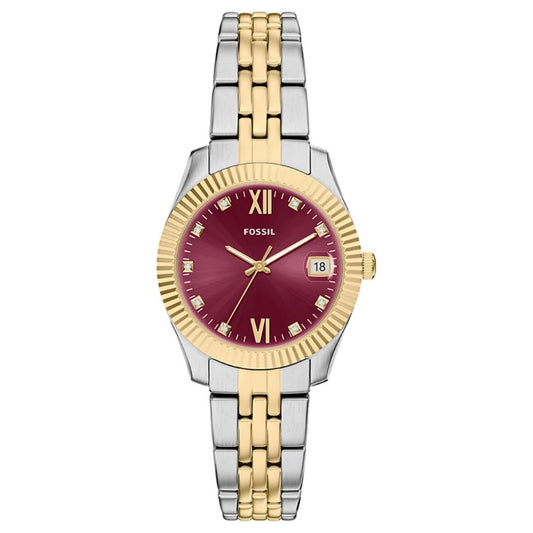 Fossil Women's Scarlette 32mm Quartz Date Red Dial Fluted Bezel Two-Tone Bracelet Watch