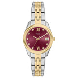 Fossil Women's Scarlette 32mm Quartz Date Red Dial Fluted Bezel Two-Tone Bracelet Watch