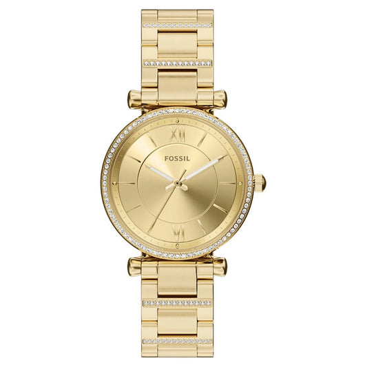 Fossil Women's Carlie 35mm Quartz Crystal Accented Monochromatic Goldtone Bracelet Watch