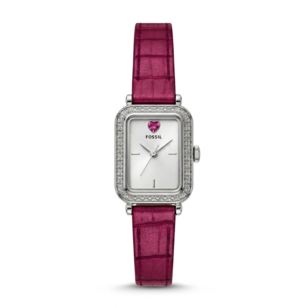 Fossil Women's Raquel 18mm Quartz Crystal Accented Rectangle Pink Leather Strap Watch