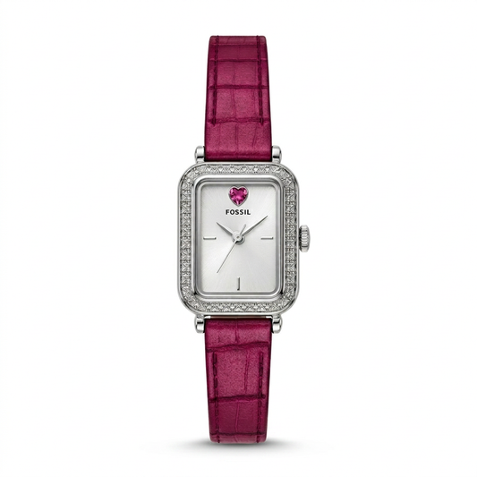 Fossil Women's Raquel 18mm Quartz Crystal Accented Rectangle Pink Leather Strap Watch