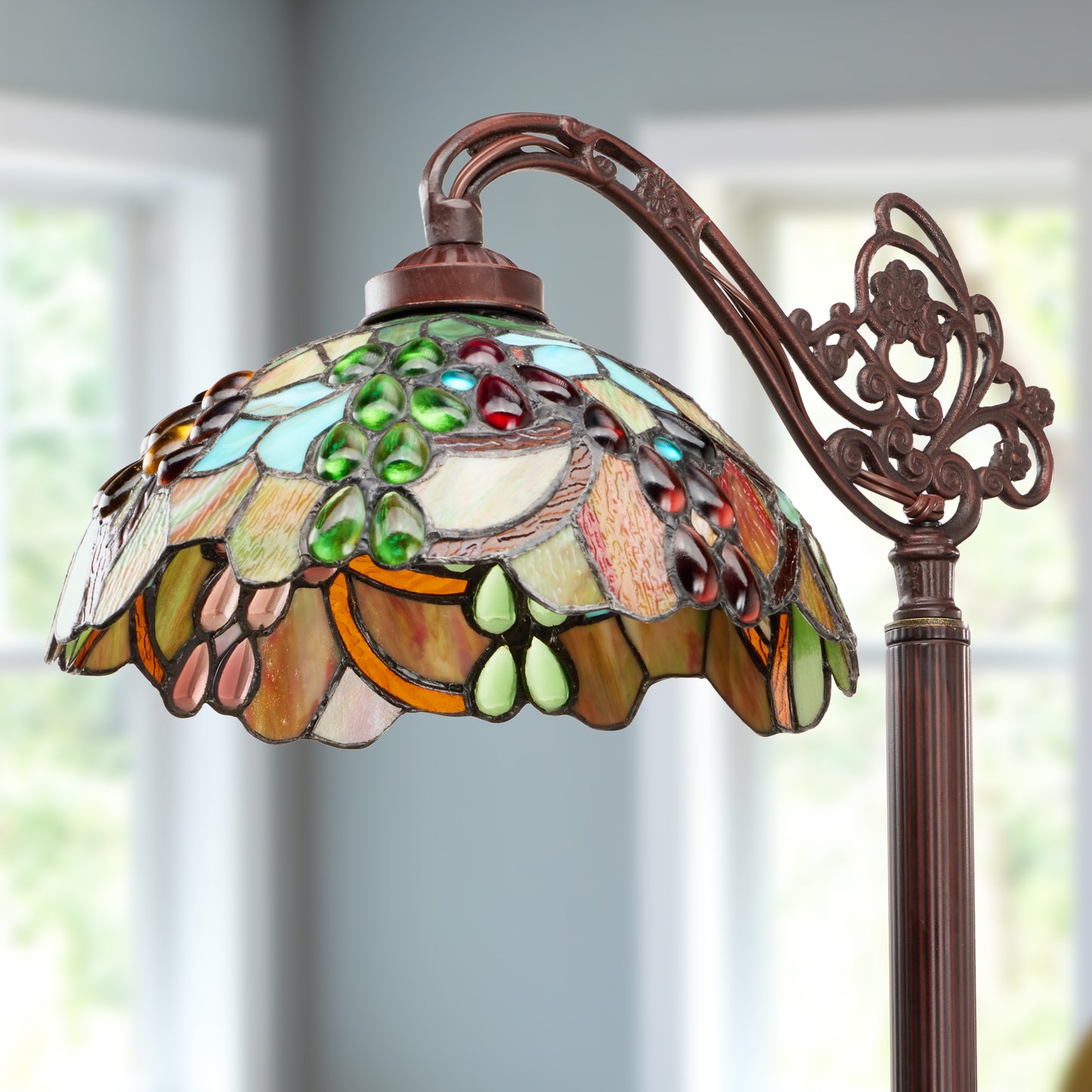 Tiffany-Style Lighting 60" Victoria Brown Candlestick Base with Stained Glass Dome Shade Floor Lamp