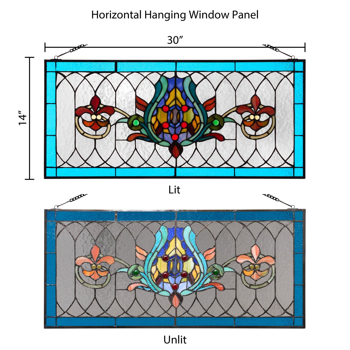 Tiffany-Style Lighting 30" Blue Multi Fleur De Lis Stained Glass Pub Window Panel
