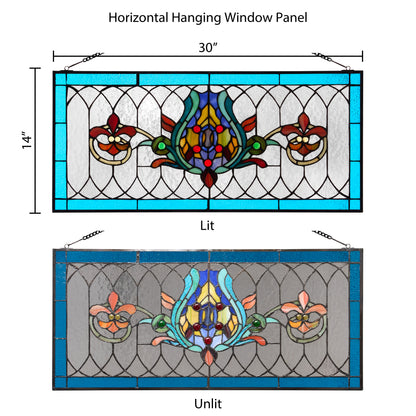Tiffany-Style Lighting 30" Blue Multi Fleur De Lis Stained Glass Pub Window Panel