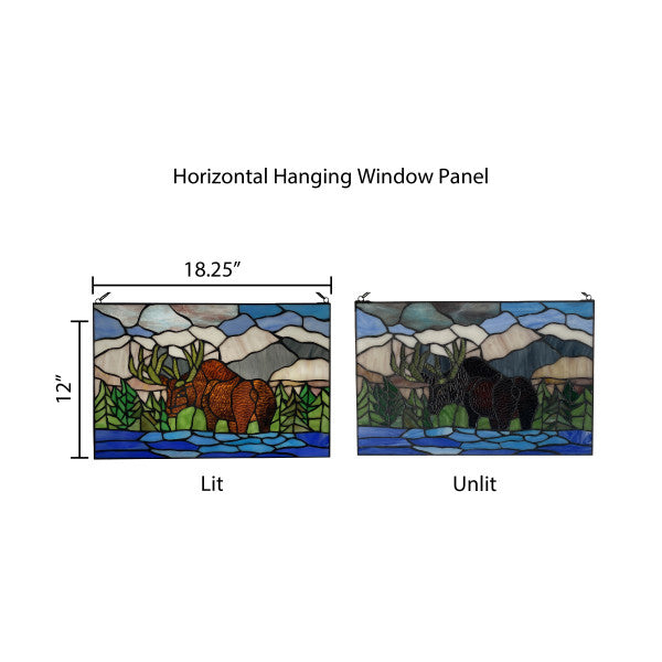 Tiffany-Style Lighting 12" Moose in Moutainscape Stained Glass Window Panel