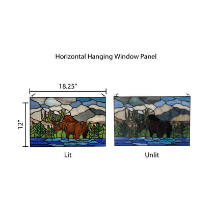 Tiffany-Style Lighting 12" Moose in Moutainscape Stained Glass Window Panel