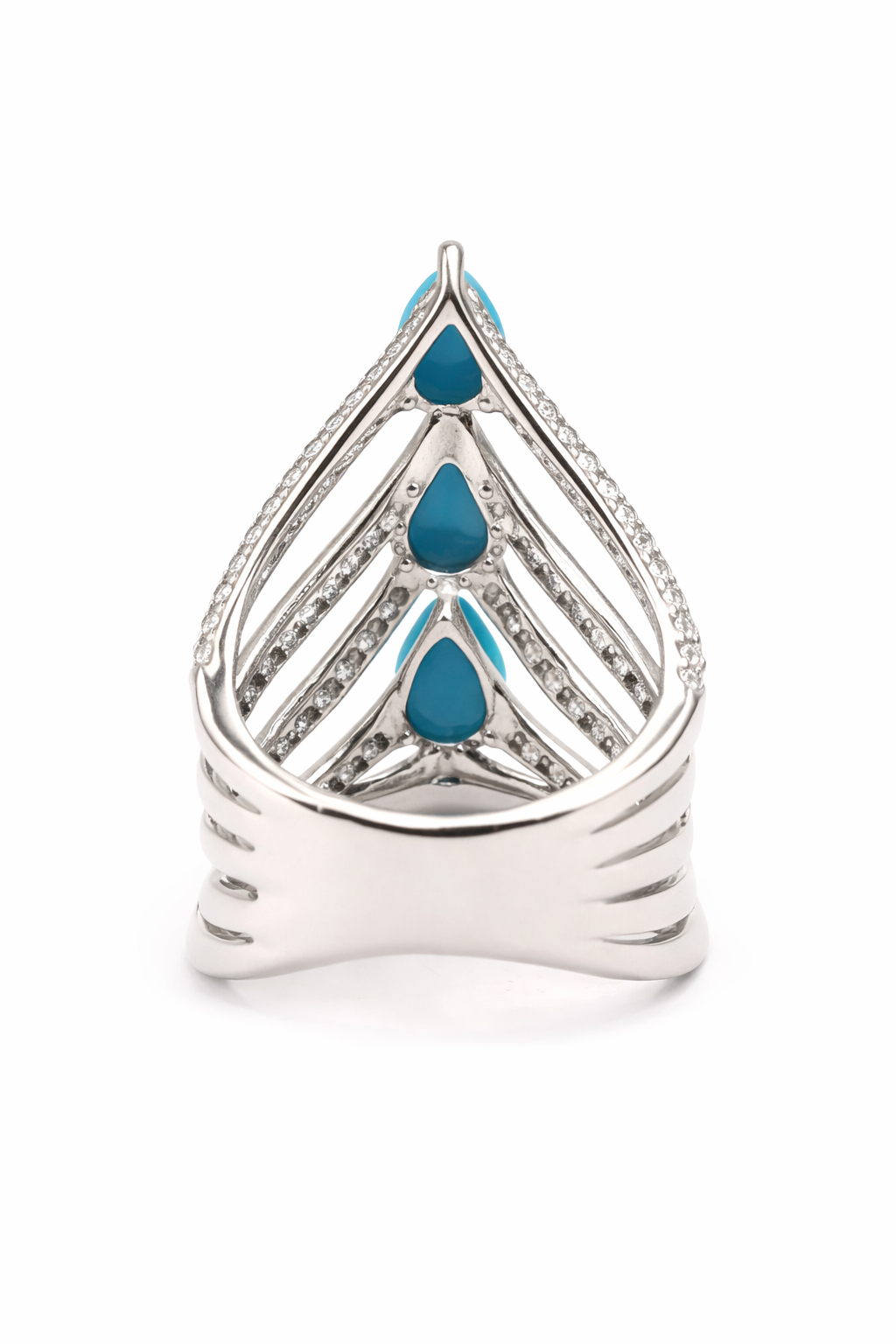 Sterling Silver Pear-Shaped Sleeping Beauty Turq & White Zircon Chevron Ring