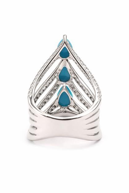 Sterling Silver Pear-Shaped Sleeping Beauty Turq & White Zircon Chevron Ring