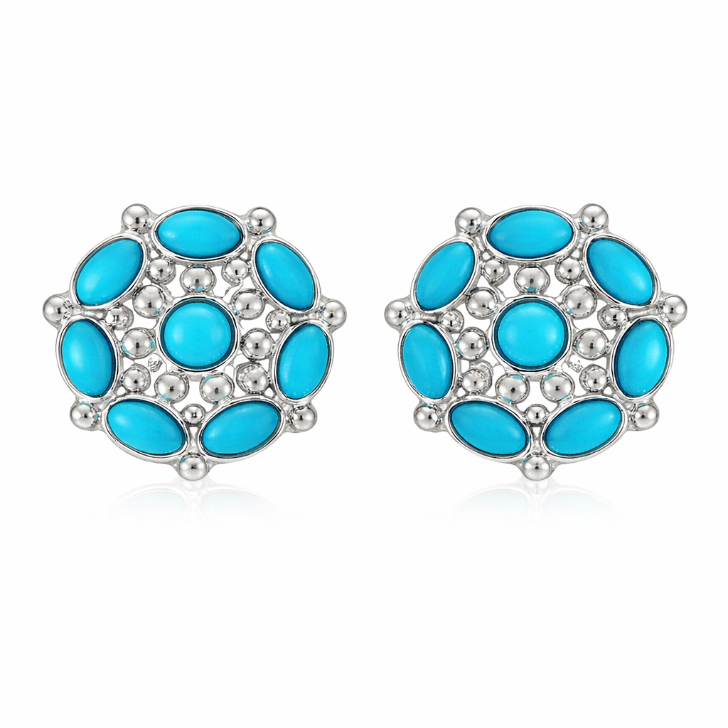 Sterling Silver Sleeping Beauty Turquoise & White Zircon Pinwheel Stud Earrings