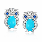 Sterling Silver 7x5mm Sleeping Beauty Turq & Gemstone Owl Stud Earrings