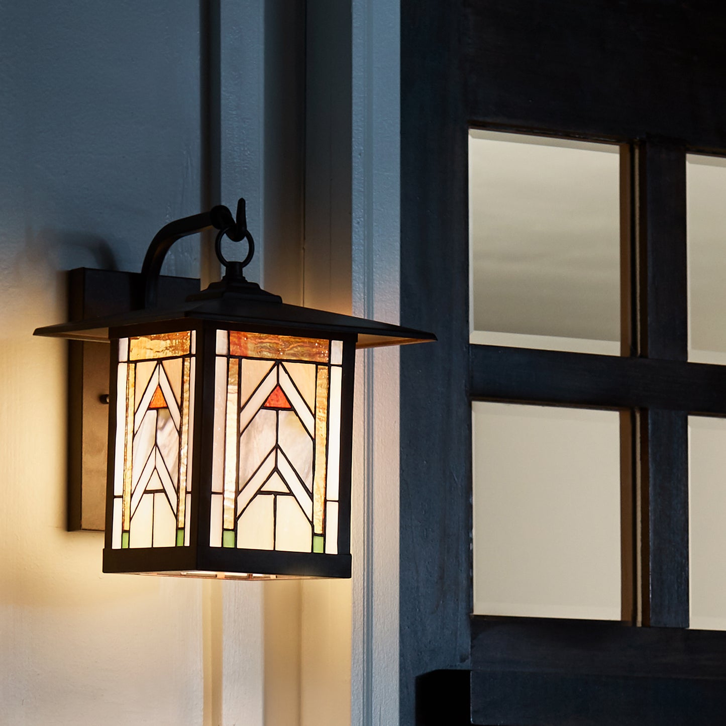 Tiffany-Style Lighting Terracotta Stained Glass and Oil Rubbed Bronze 1-Light Outdoor Lantern Wall Sconce