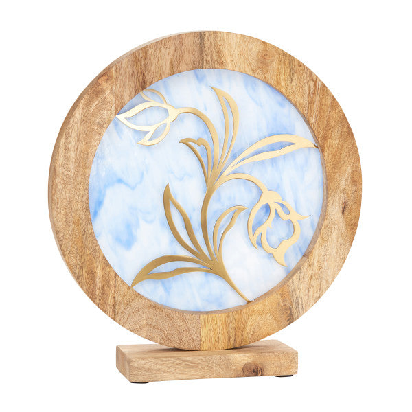 Tiffany-Style Lighting 14" Round Decorative Stained Glass & Metal Stand with Wood Frame