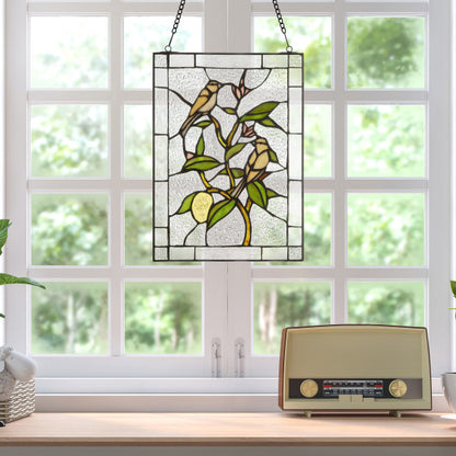 Tiffany-Style Lighting 14"H Birds in a Lemon Tree Stained Glass Decorative Window Panel