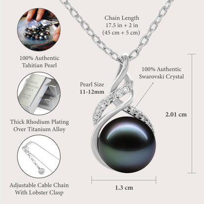 TRYNDI Rhodium Plated 11-12mm Tahitian Black Pearl Swarovski Crystal Necklace