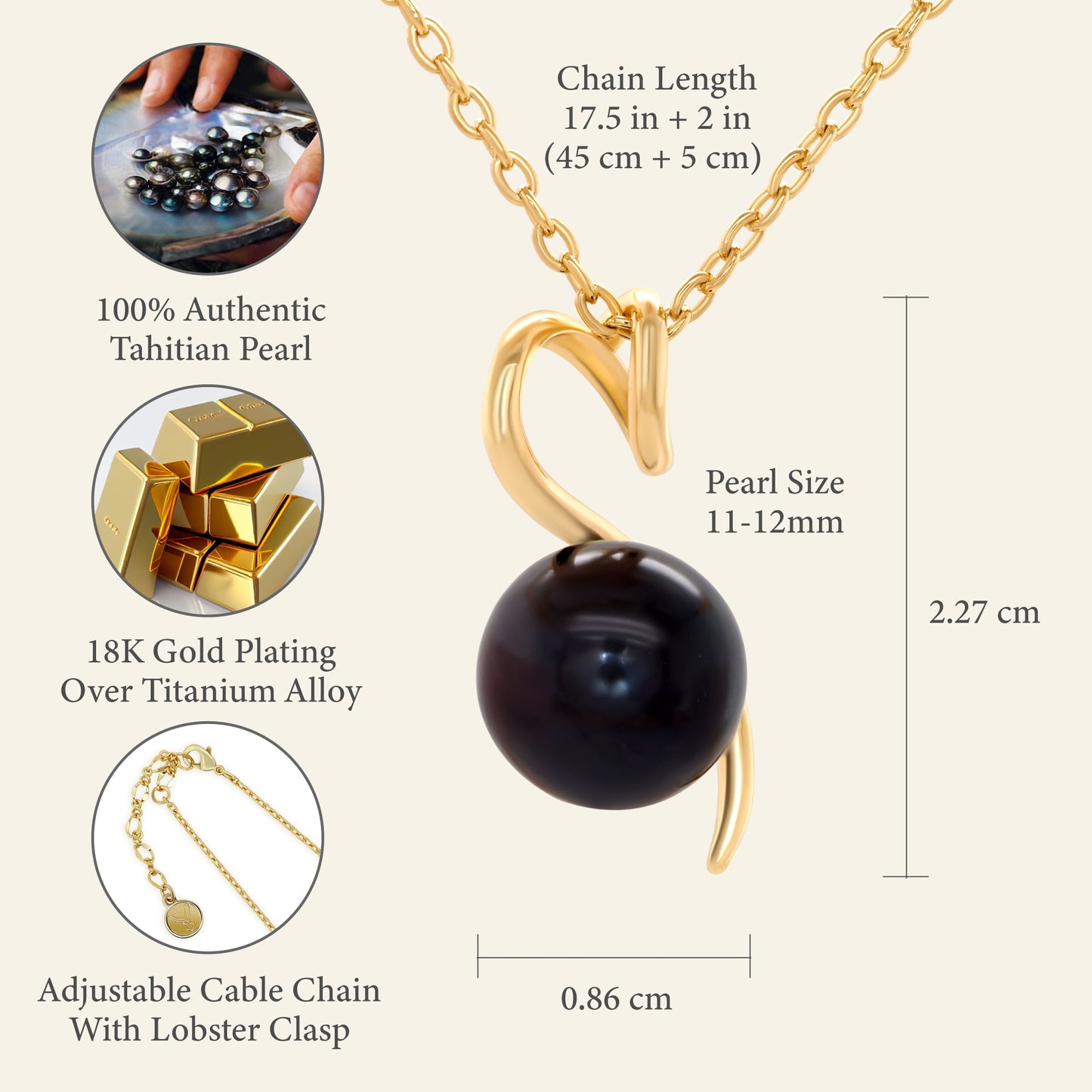 TRYNDI 18K Gold Plated 11-12mm Tahitian Black Pearl Swarovski Crystal Twist Necklace
