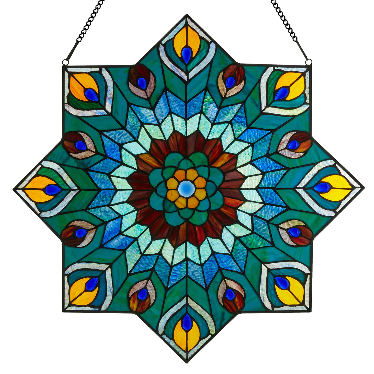 Tiffany-Style Lighting 24" Stained Glass Peacock Star Window Panel