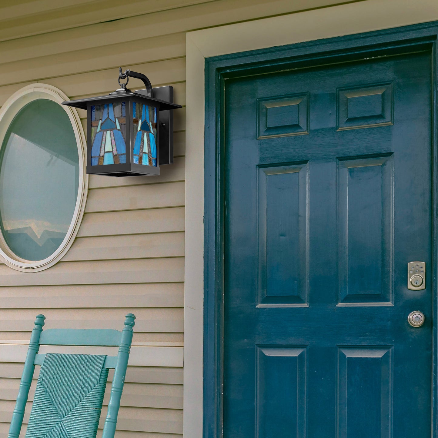 Tiffany-Style Lighting Aqua and Amber Stained Glass 1-Light Outdoor Lantern Wall Sconce