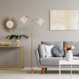 Tiffany-Style Lighting 61" Meg Brushed Gold Metal Candlestick Floor Lamp with Rattan Shades