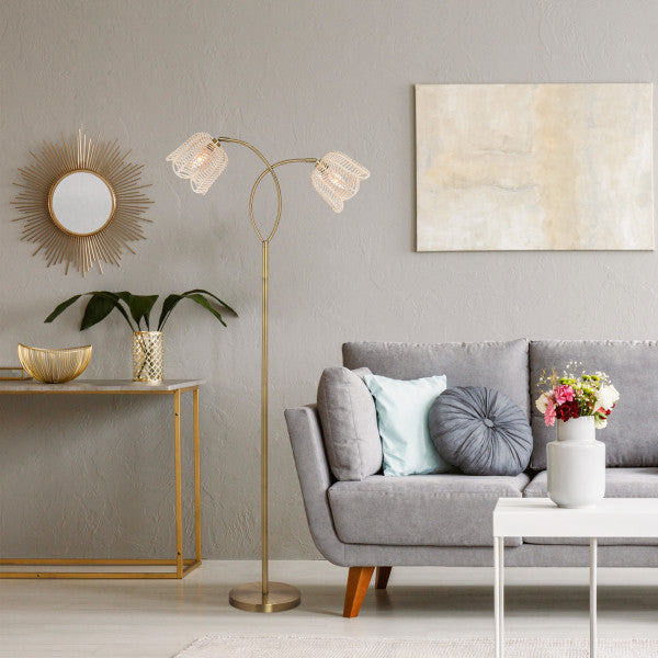 Tiffany-Style Lighting 61" Meg Brushed Gold Metal Candlestick Floor Lamp with Rattan Shades