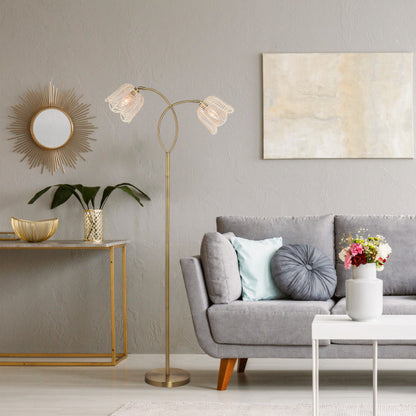 Tiffany-Style Lighting 61" Meg Brushed Gold Metal Candlestick Floor Lamp with Rattan Shades