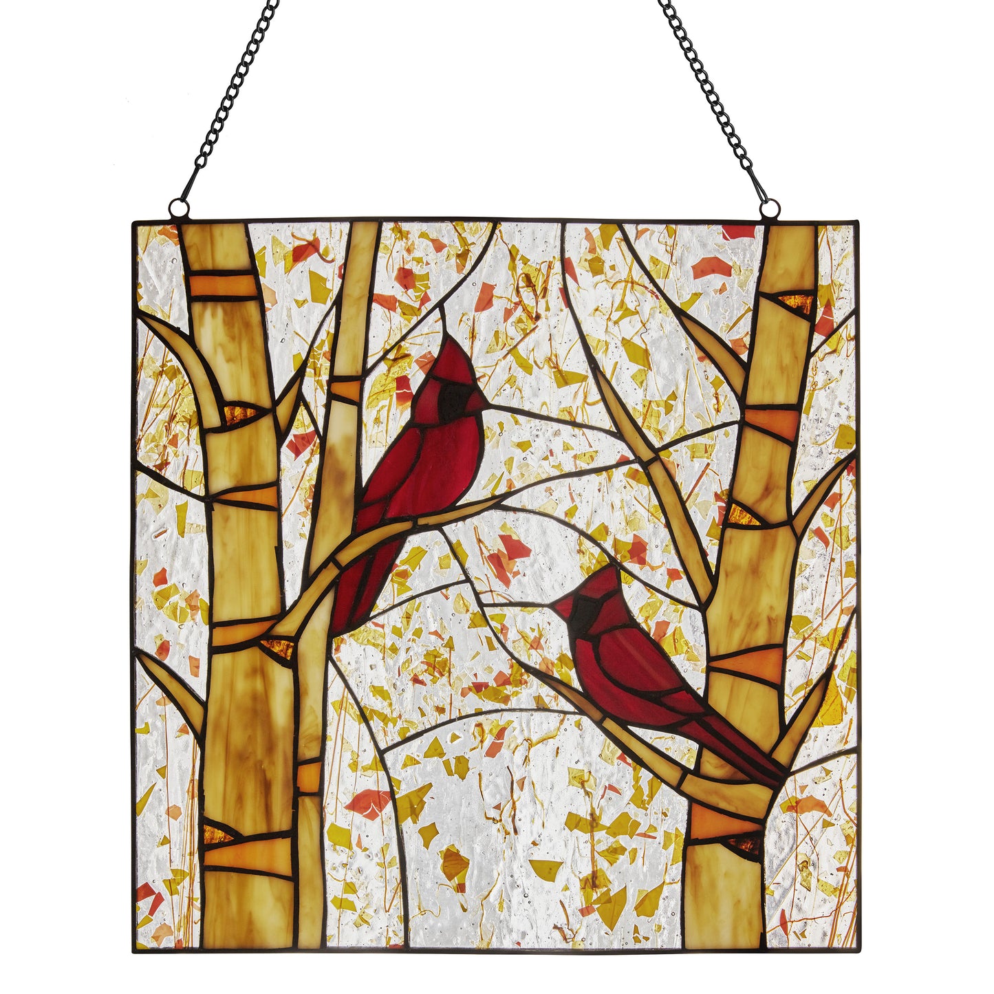 Tiffany-Style Lighting 14" Eden Red Cardinals in Autumn Stained Glass Window Panel