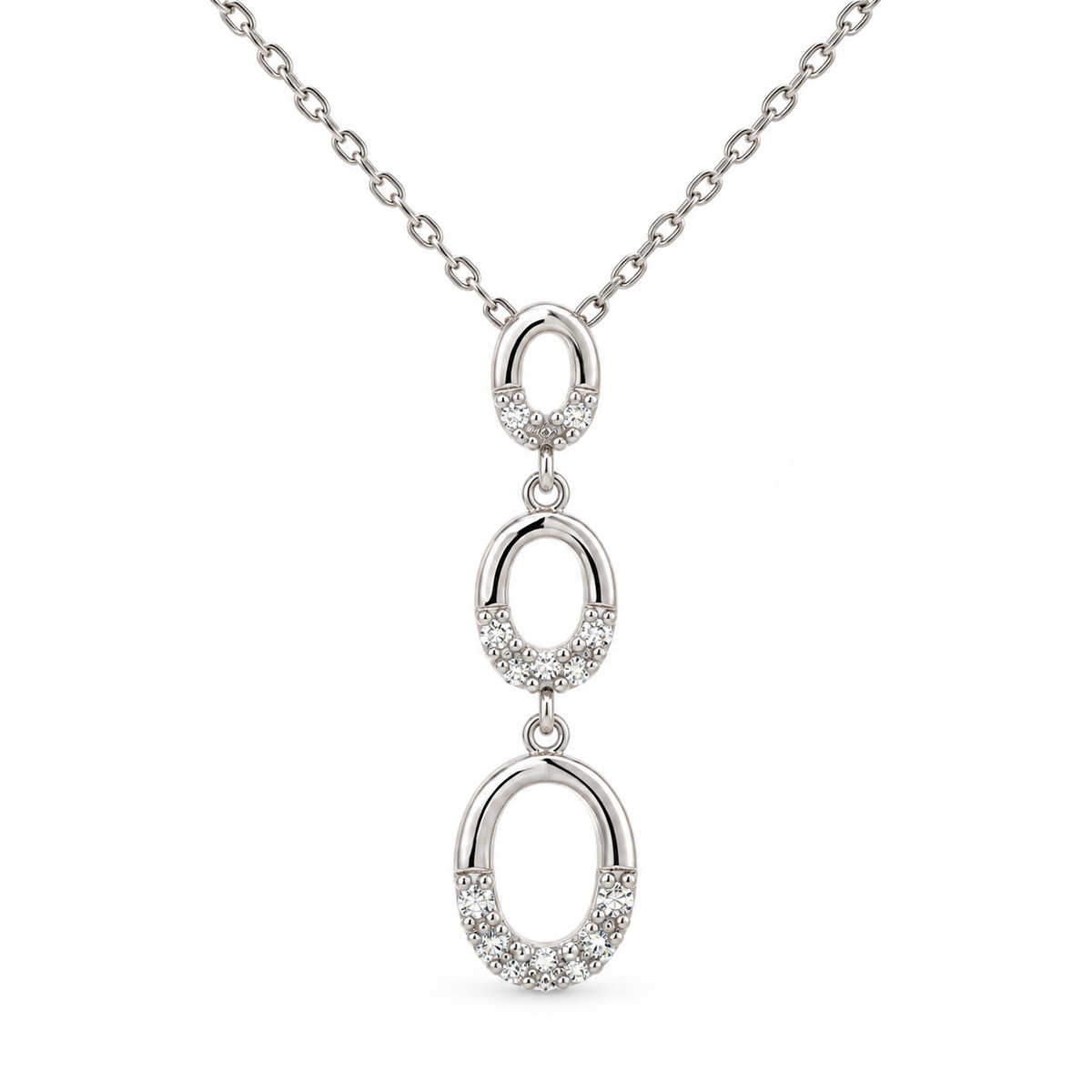 Sterling Silver 0.10ctw Diamond Graduated Oval Drop Pendant with Chain