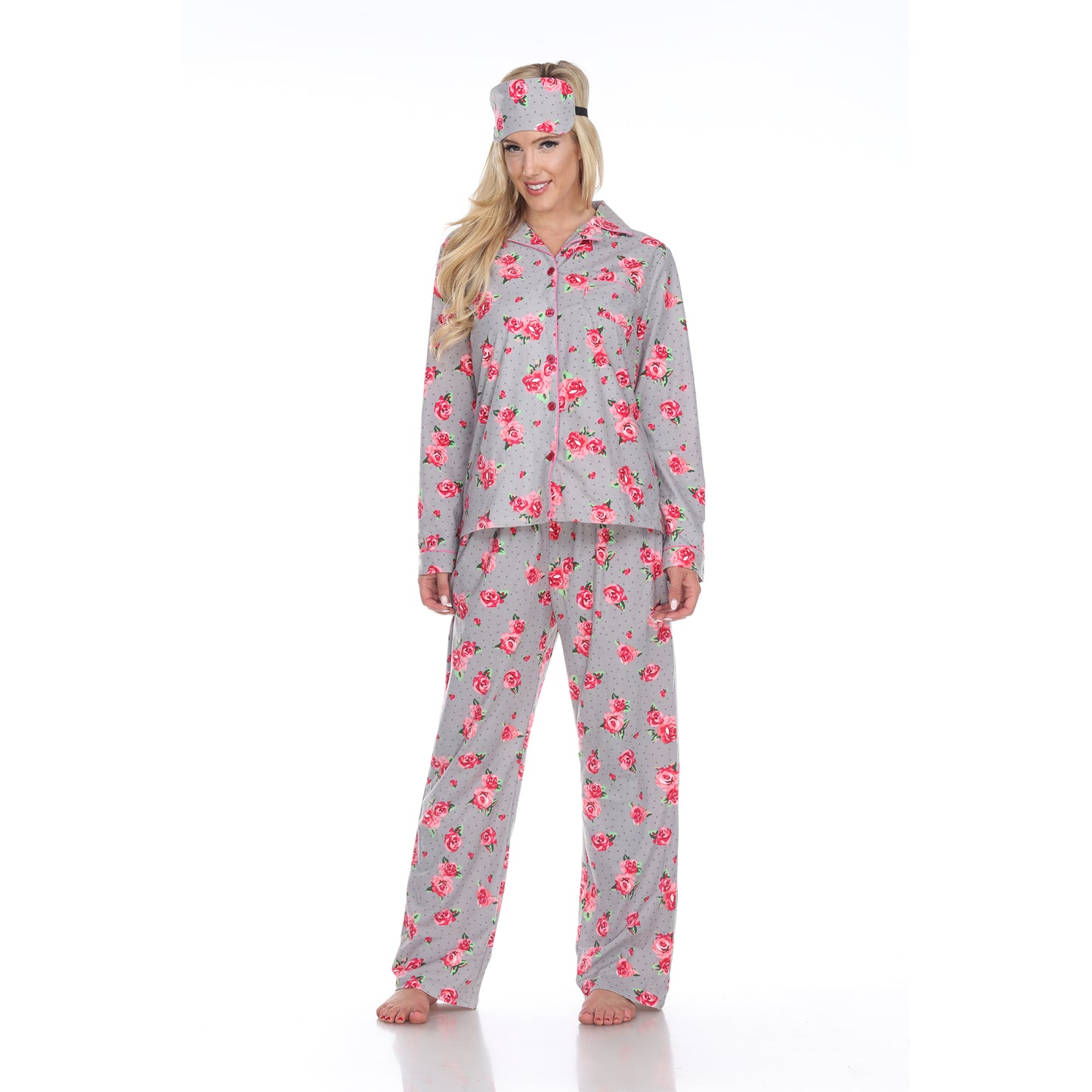 White Mark Women's 3-Piece Rose Pajama Set