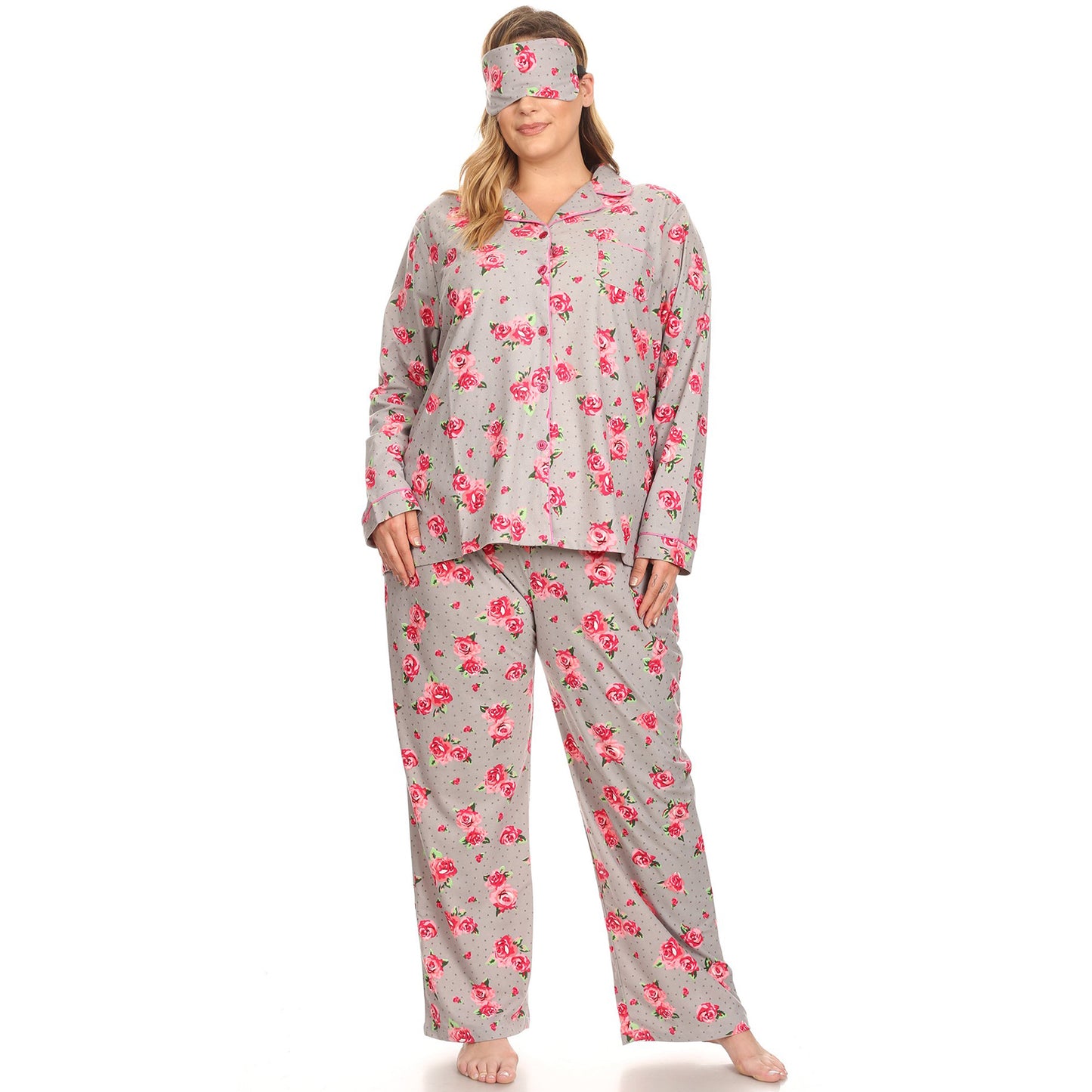 White Mark Women's 3-Piece Rose Pajama Set