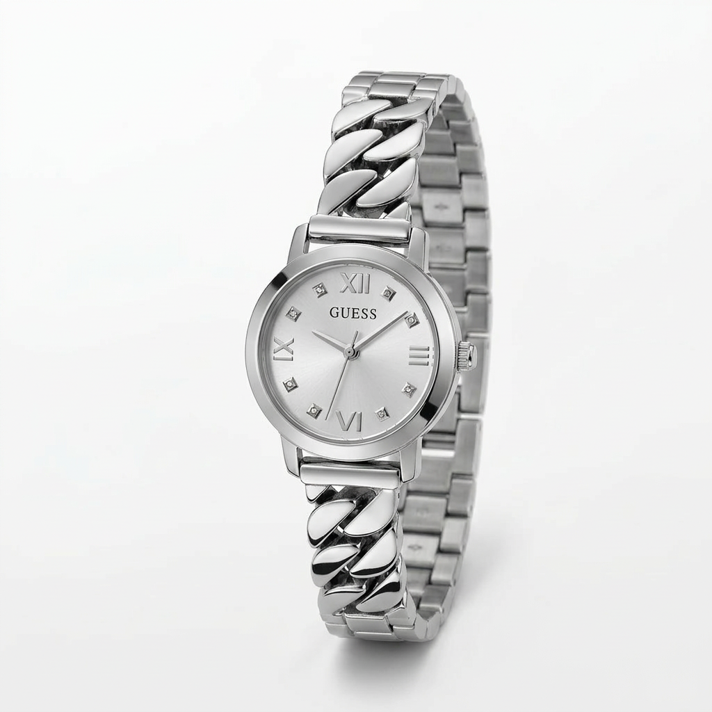 Guess Women's 25mm Chime Quartz Silvertone Curb Link Bracelet Watch